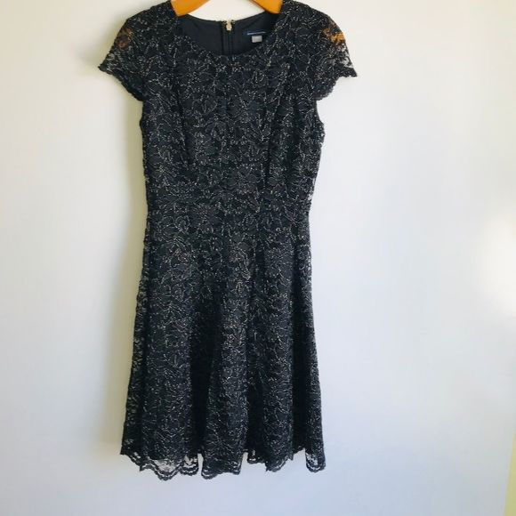 Tommy Hilfiger Black Shine Allover Lace Fit and Flare Dress - Picture 3 of 11